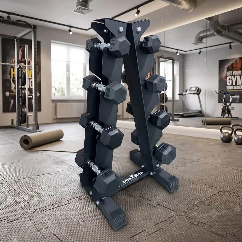 Ironman Rubber Coated Hex Dumbbell & 4 Tier Rack Set – 5, 10, 15 & 20kg Pairs