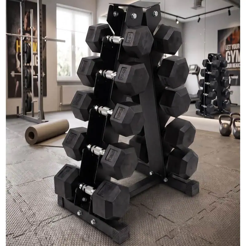 Ironman Rubber Coated Hex Dumbbell & 5 Tier Rack Set - 2.5, 5, 7.5, 10, 12.5kg Pairs
