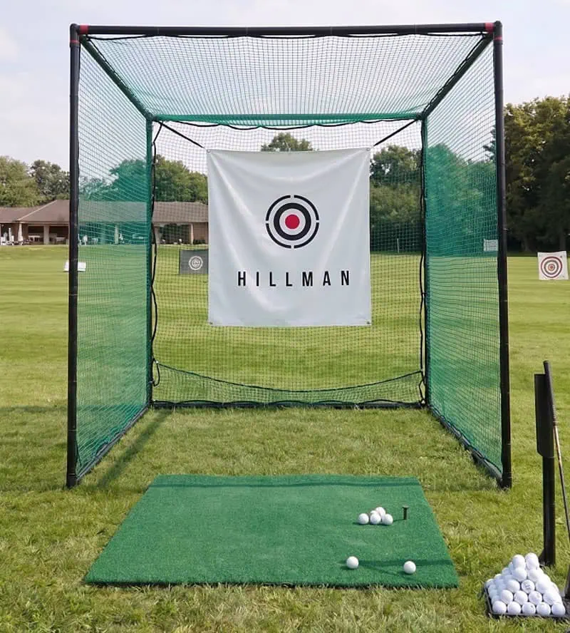 Hillman 2.5m Powder Coated Golf Practice Cage and Large Hitting Mat with Tee Package